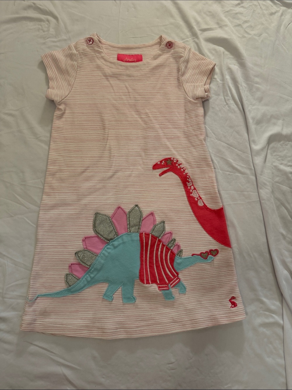 Joules Pink Striped Tee Dress with Colorful Dino Appliqués